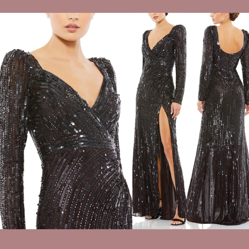 NWT $498 Mac‎ Duggal [ 10 ] Sequined Sweetheart Long Sleeve Gown Espresso #S1039